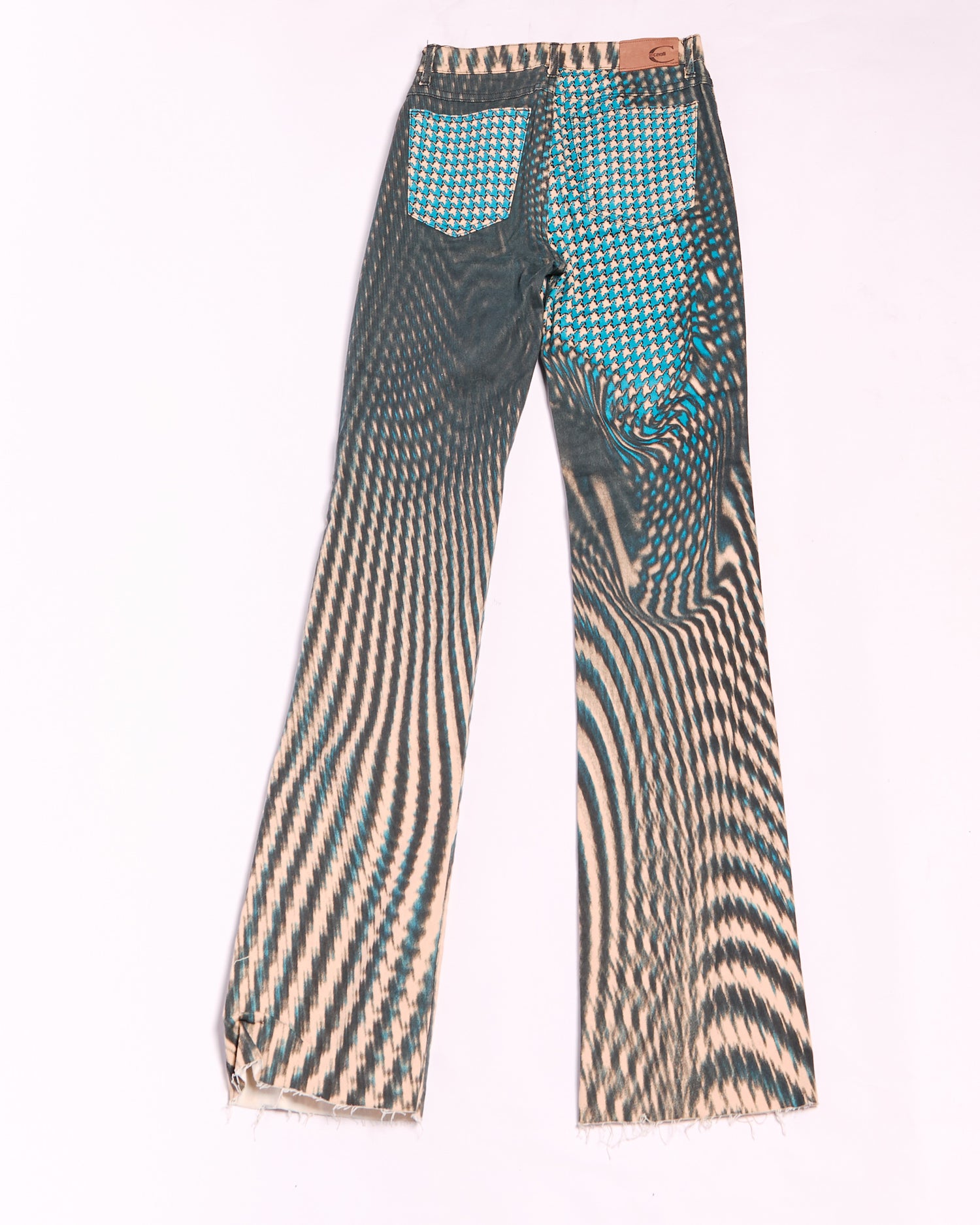 2000s Just Cavalli Black and Tan Optical Houndstooth Warp Print Flare Jeans Size S W26