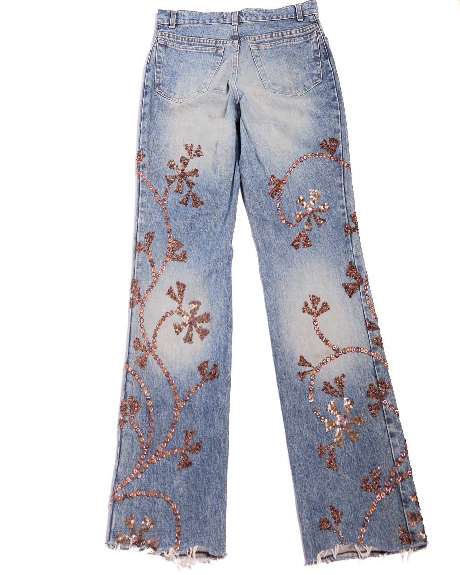 Roberto Cavalli Floral Sequin Denim Jeans Size L W32