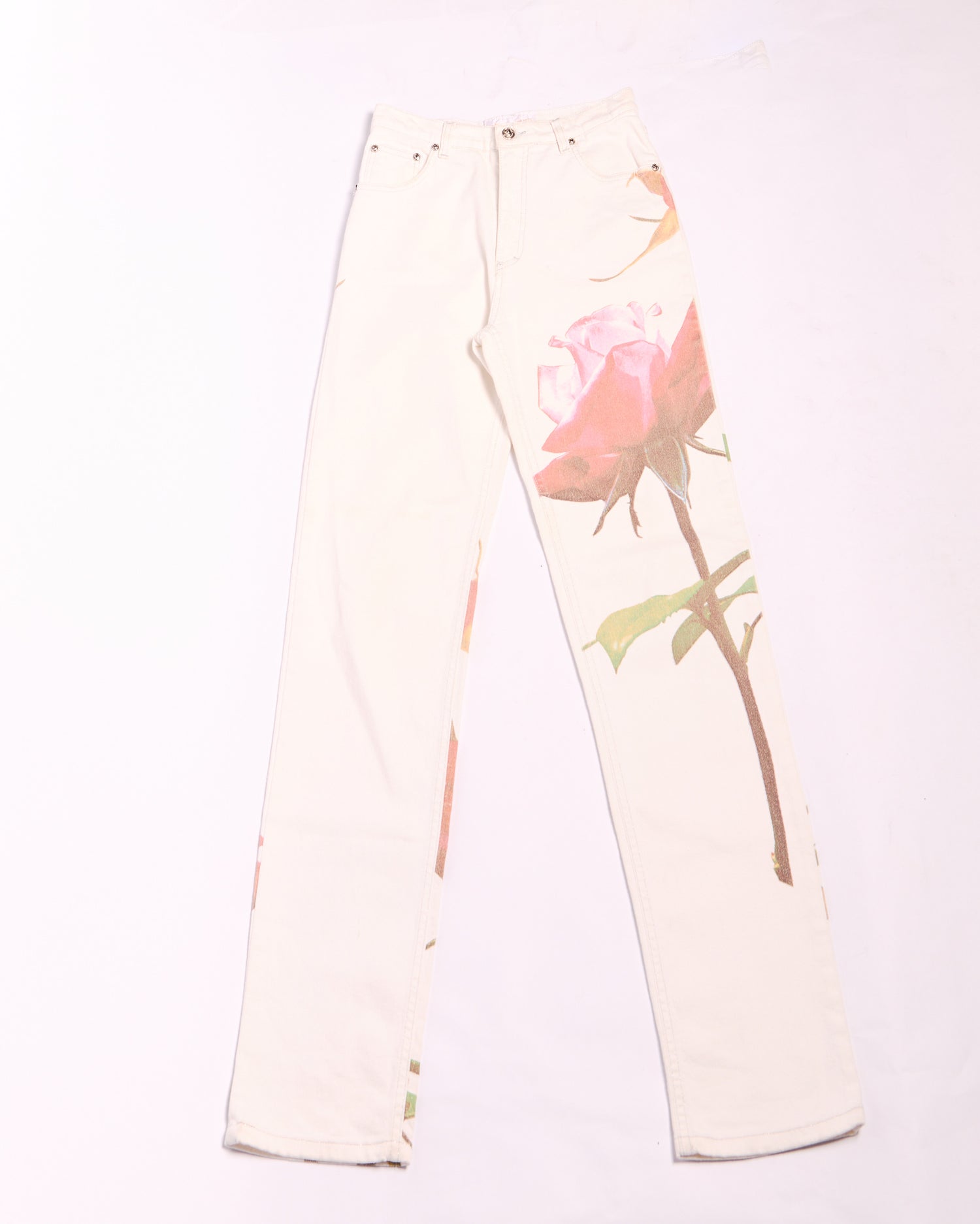 90's Roberto Cavalli White Rose Print Jeans Size S W28