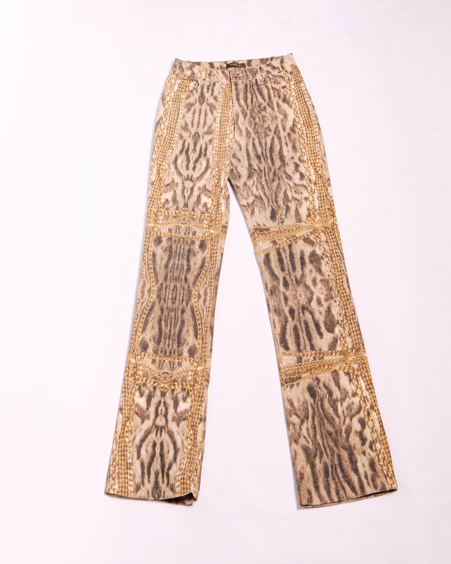 2000s Roberto Cavalli Brown and Gold Chain Trim Leopard Animal Print Jeans Size S W26