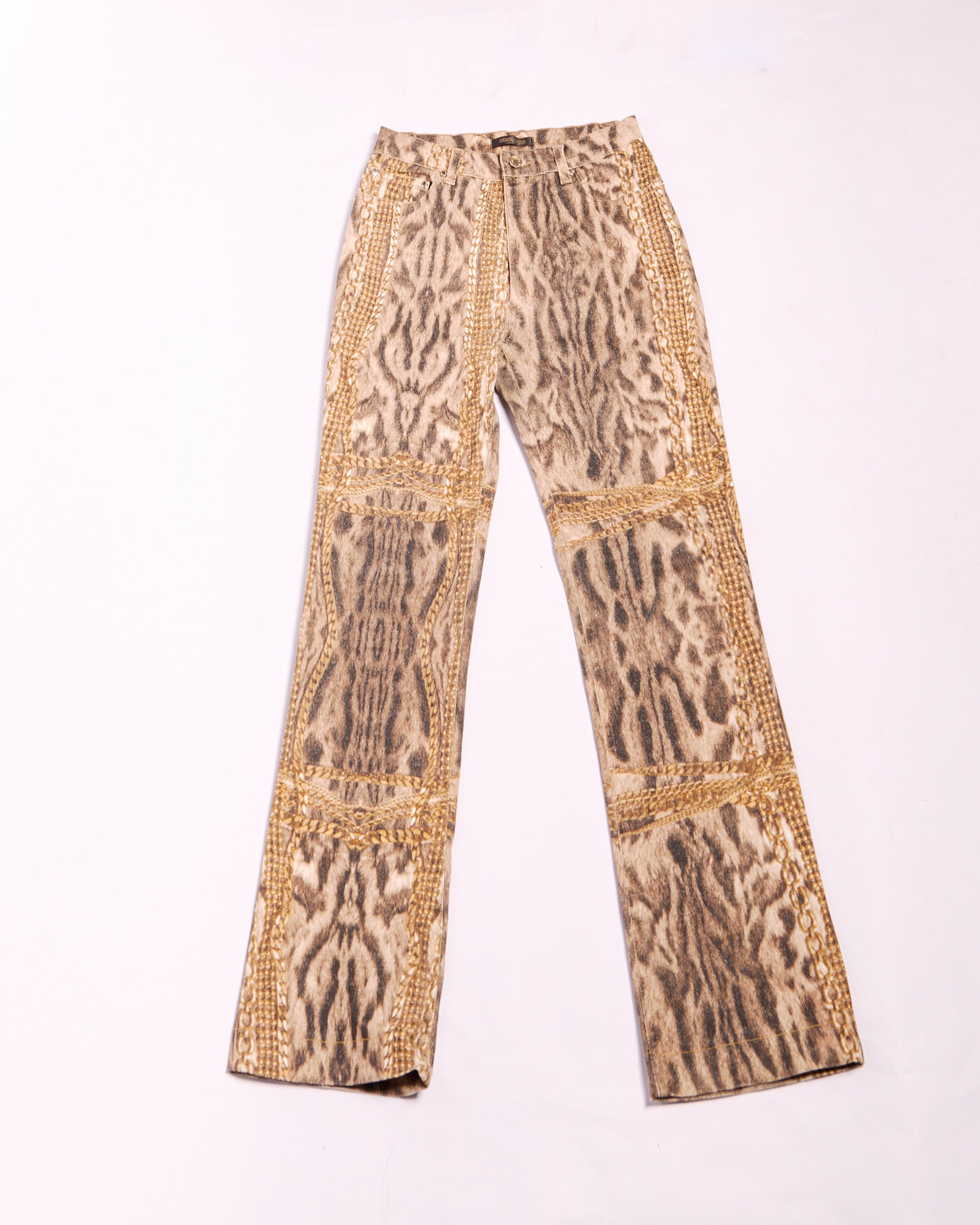 2000s Roberto Cavalli Brown and Gold Chain Trim Leopard Animal Print Jeans Size S W26