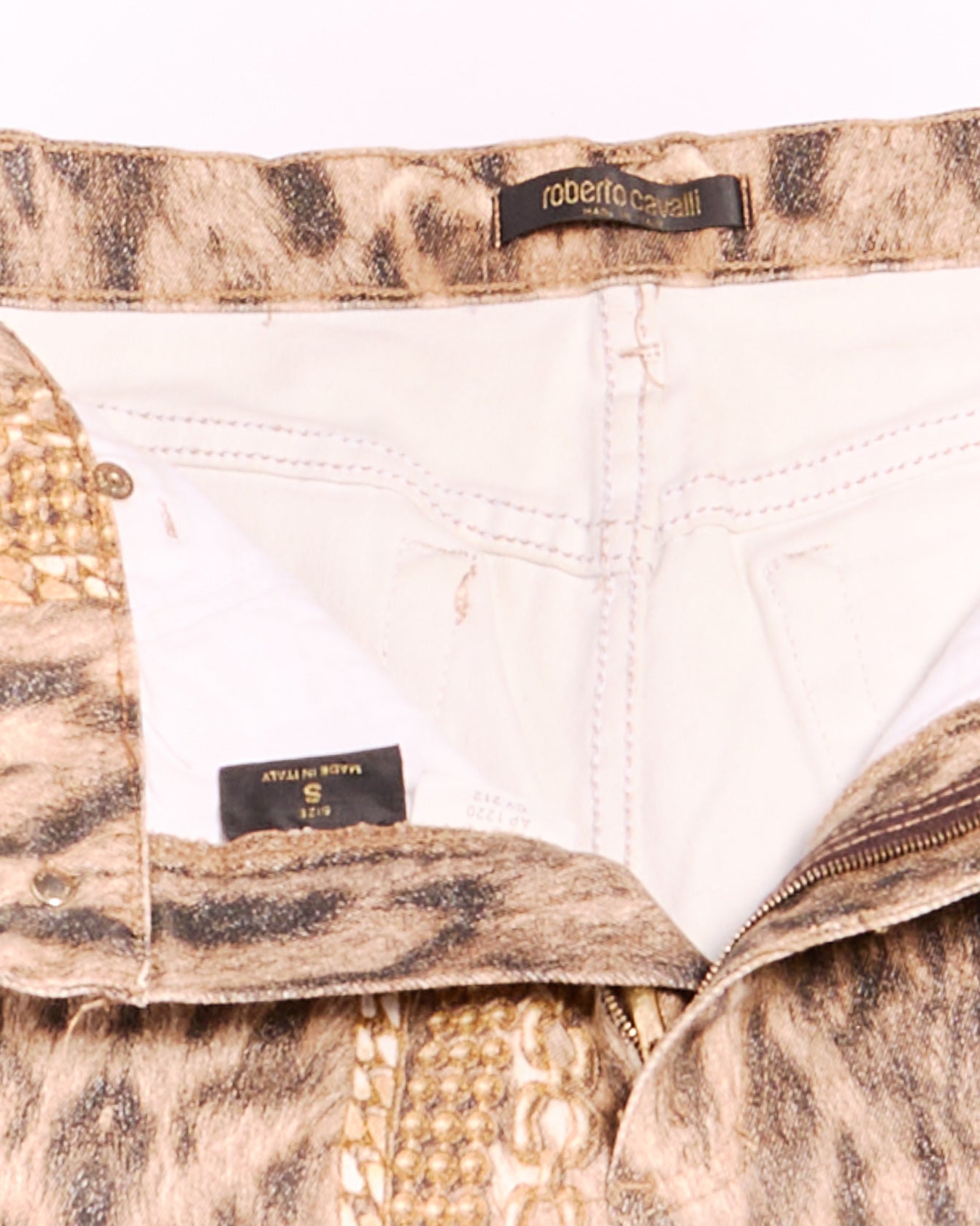 2000s Roberto Cavalli Brown and Gold Chain Trim Leopard Animal Print Jeans Size S W26