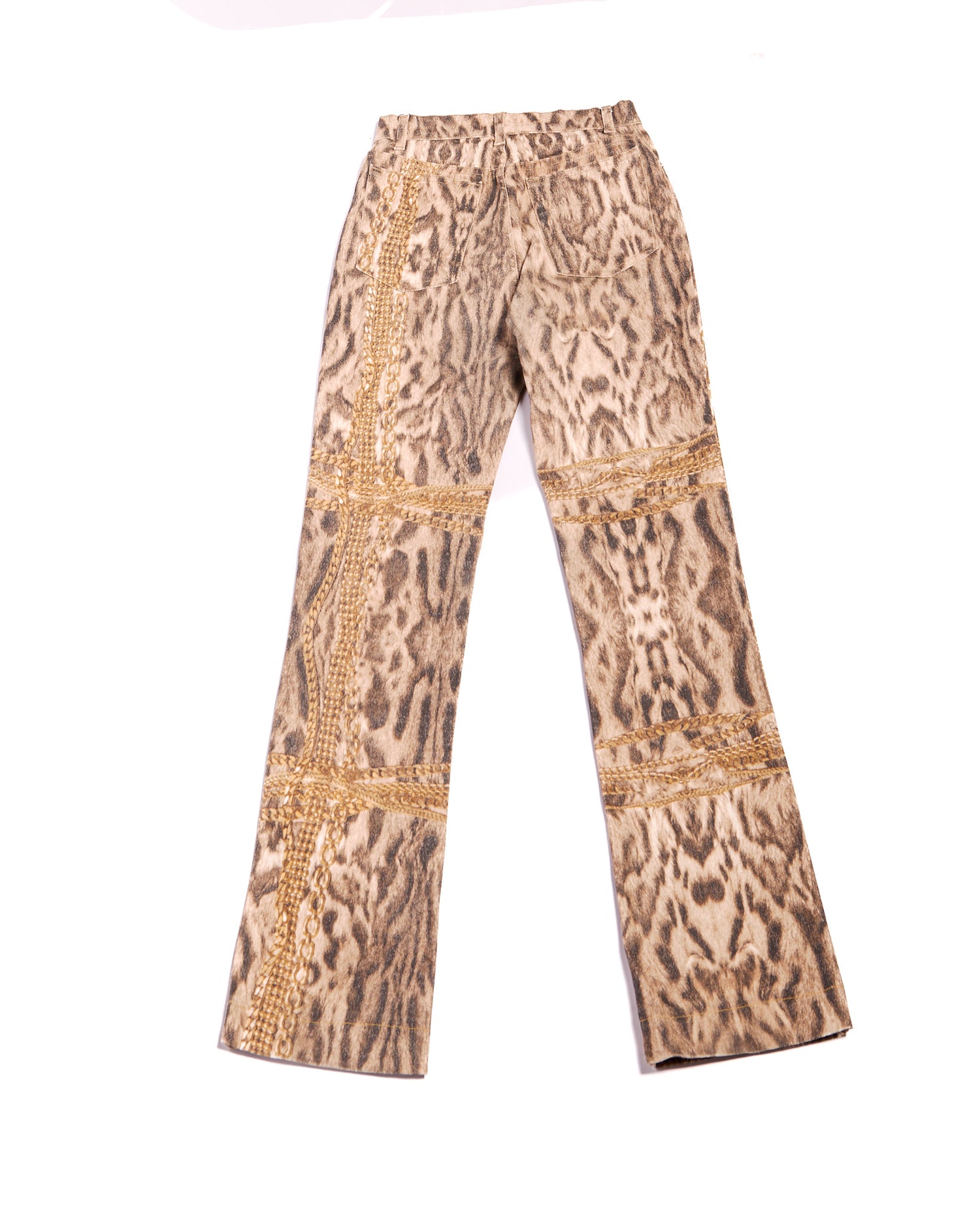2000s Roberto Cavalli Brown and Gold Chain Trim Leopard Animal Print Jeans Size S W26