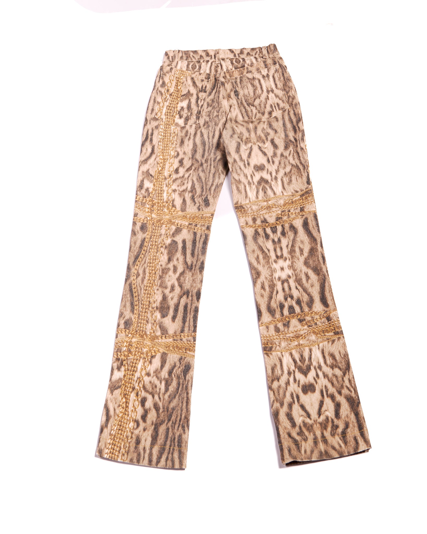2000s Roberto Cavalli Brown and Gold Chain Trim Leopard Animal Print Jeans Size S W26