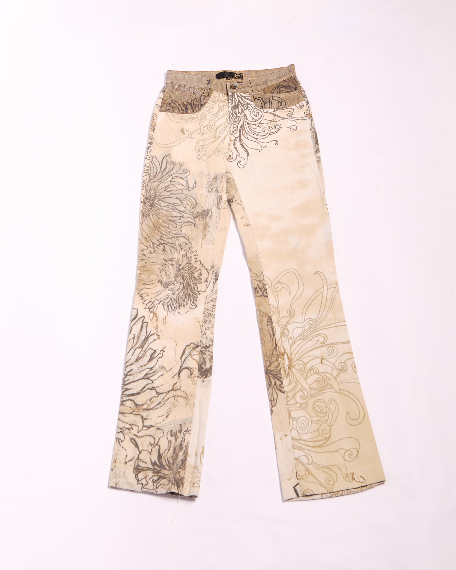 2000s Just Cavalli Tan Wool and Denim Floral Print Jeans Size S W28