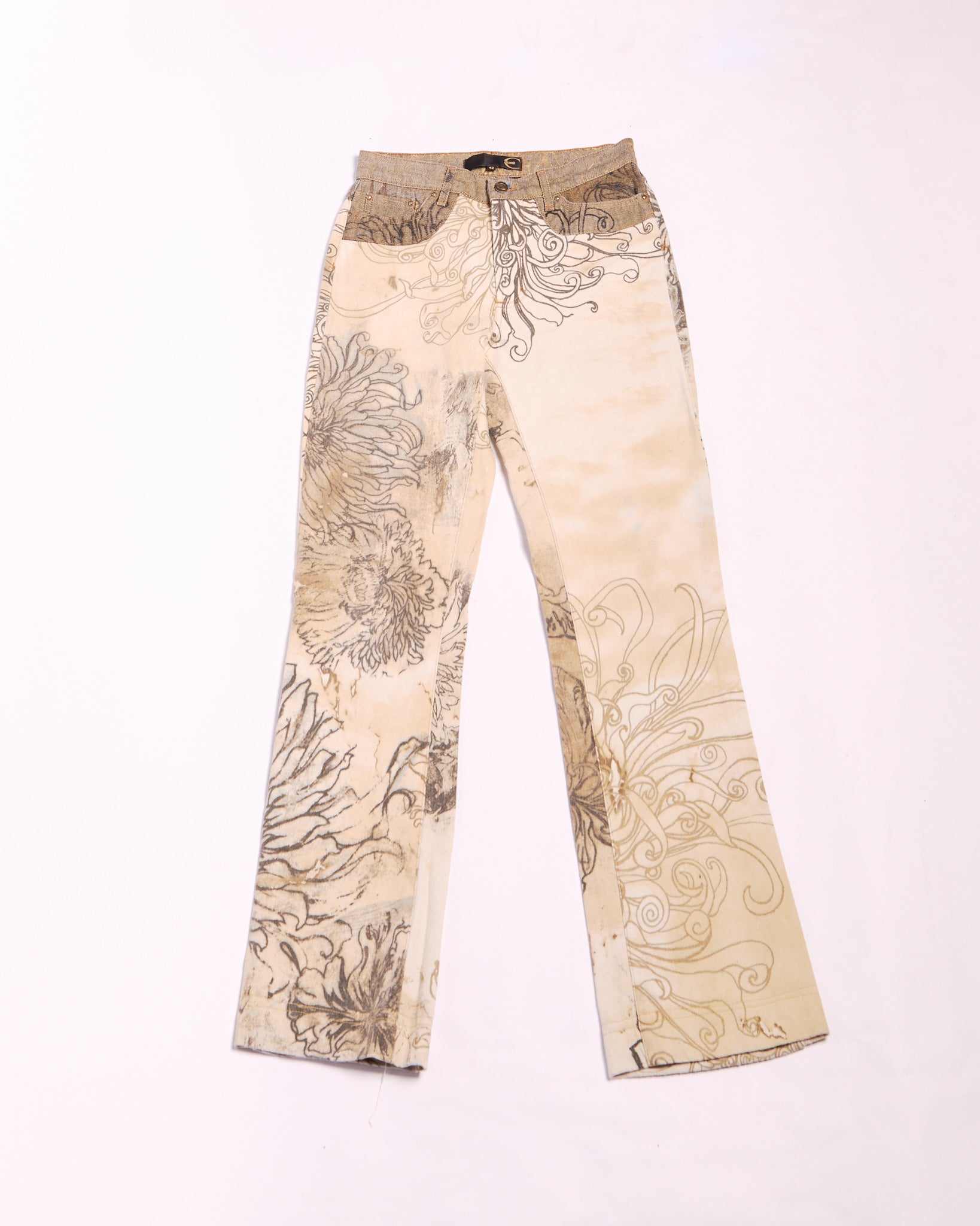 2000s Just Cavalli Tan Wool and Denim Floral Print Jeans Size S W28