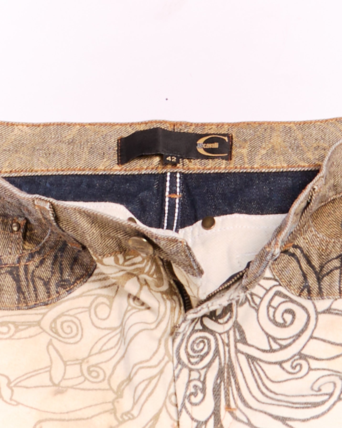 2000s Just Cavalli Tan Wool and Denim Floral Print Jeans Size S W28