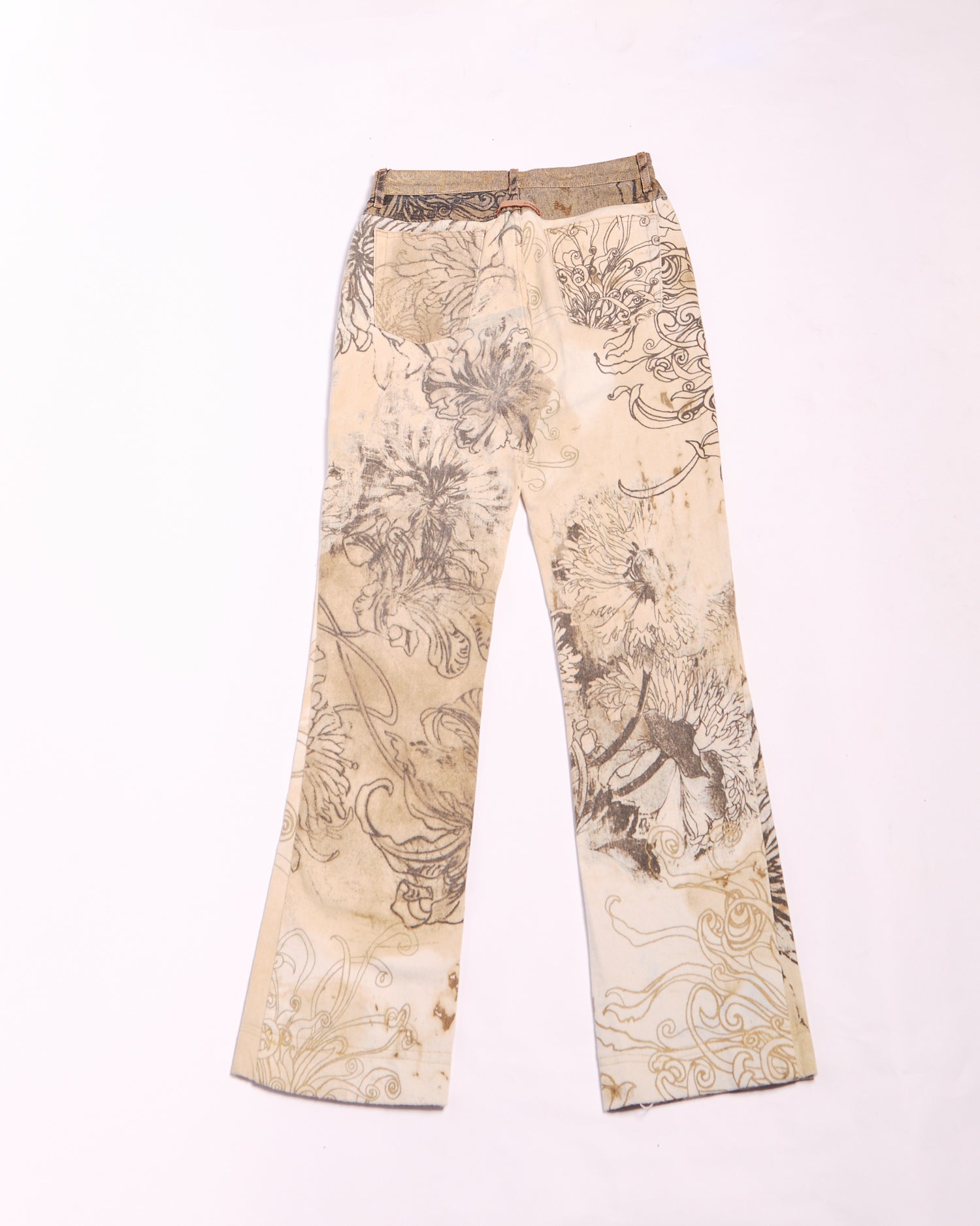 2000s Just Cavalli Tan Wool and Denim Floral Print Jeans Size S W28