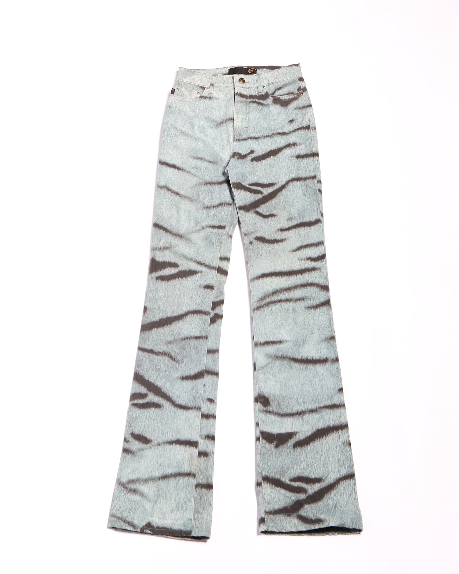 2000s Roberto Cavalli Blue Washed Denim with Black Tiger Stripe Print Jeans Size S W26