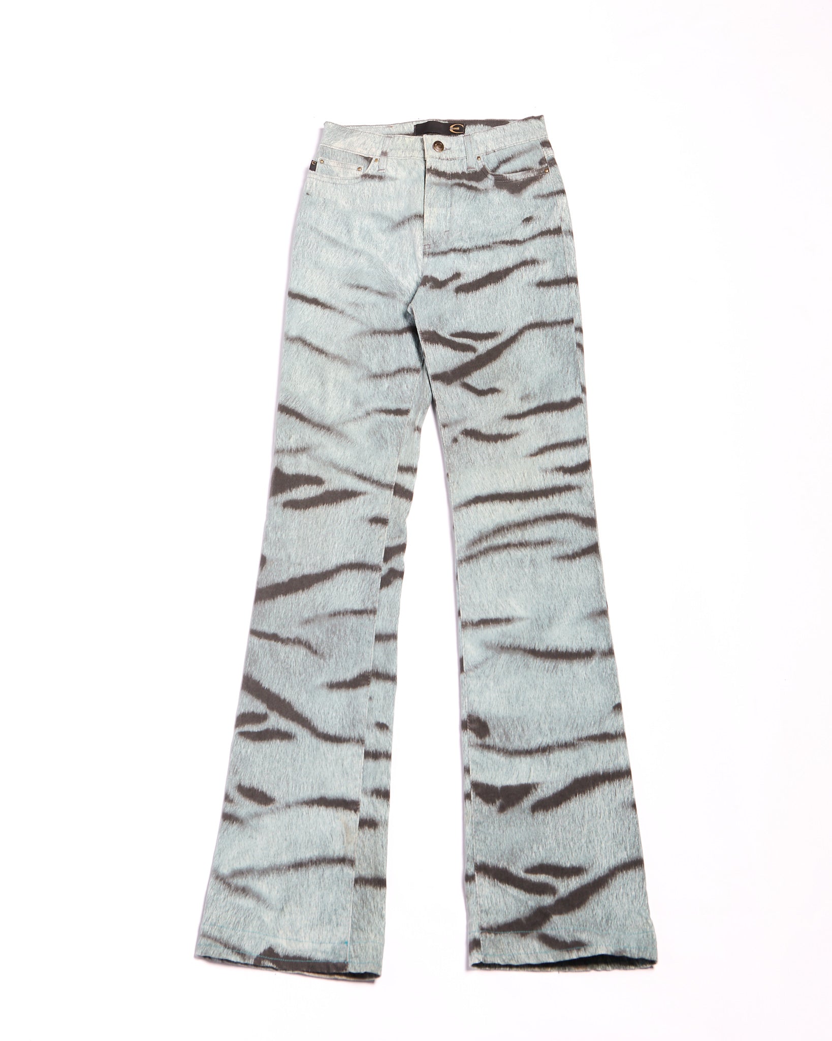2000s Roberto Cavalli Blue Washed Denim with Black Tiger Stripe Print Jeans Size S W26