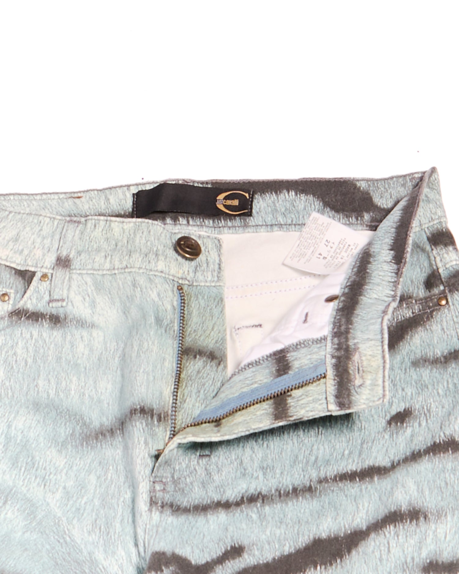 2000s Roberto Cavalli Blue Washed Denim with Black Tiger Stripe Print Jeans Size S W26