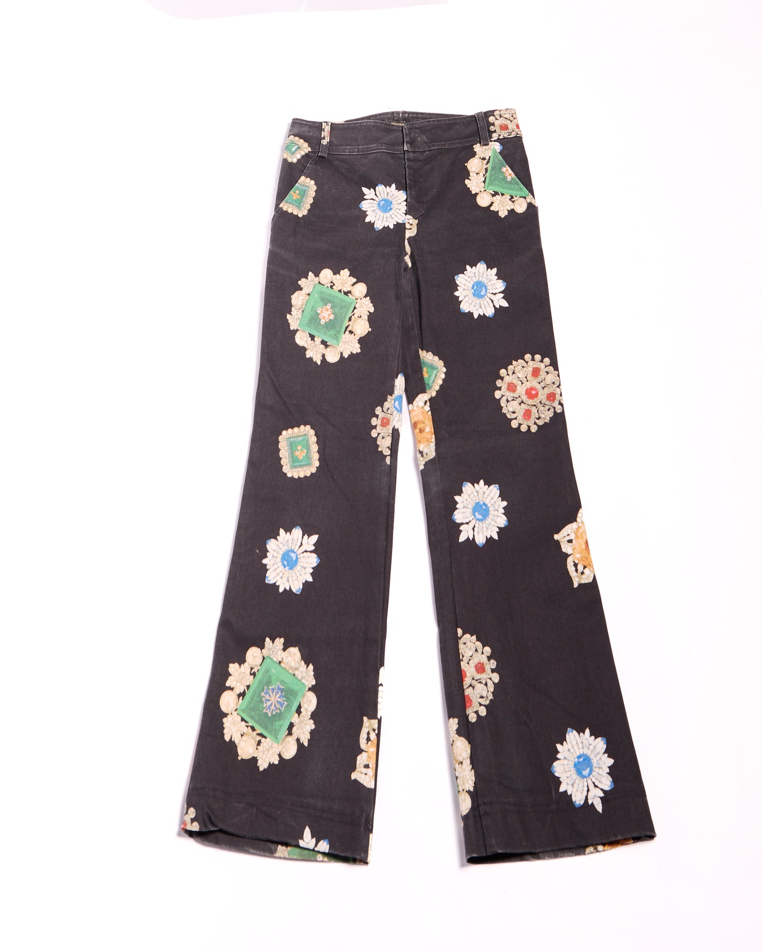 2000s Roberto Cavalli Black Denim with Jewel Embellished Floral Appliqué Flare Jeans Size M W30