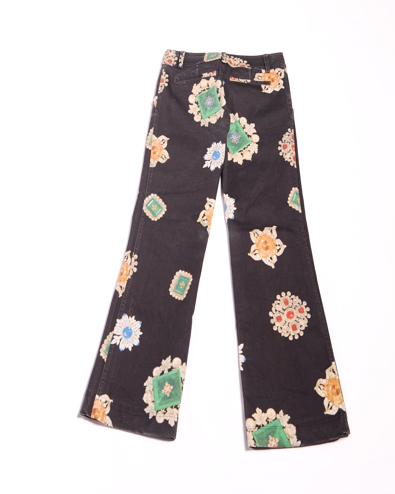 2000s Roberto Cavalli Black Denim with Jewel Embellished Floral Appliqué Flare Jeans Size M W30