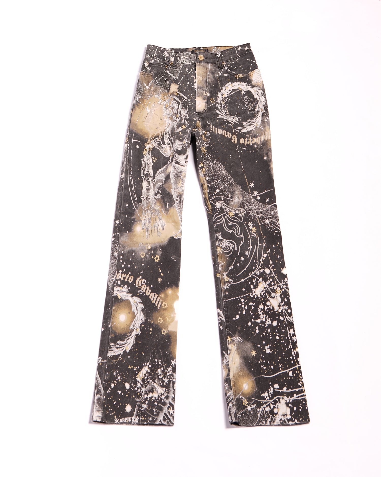 2000s Roberto Cavalli Black and Gold Celestial Constellation Jeans Size S W26