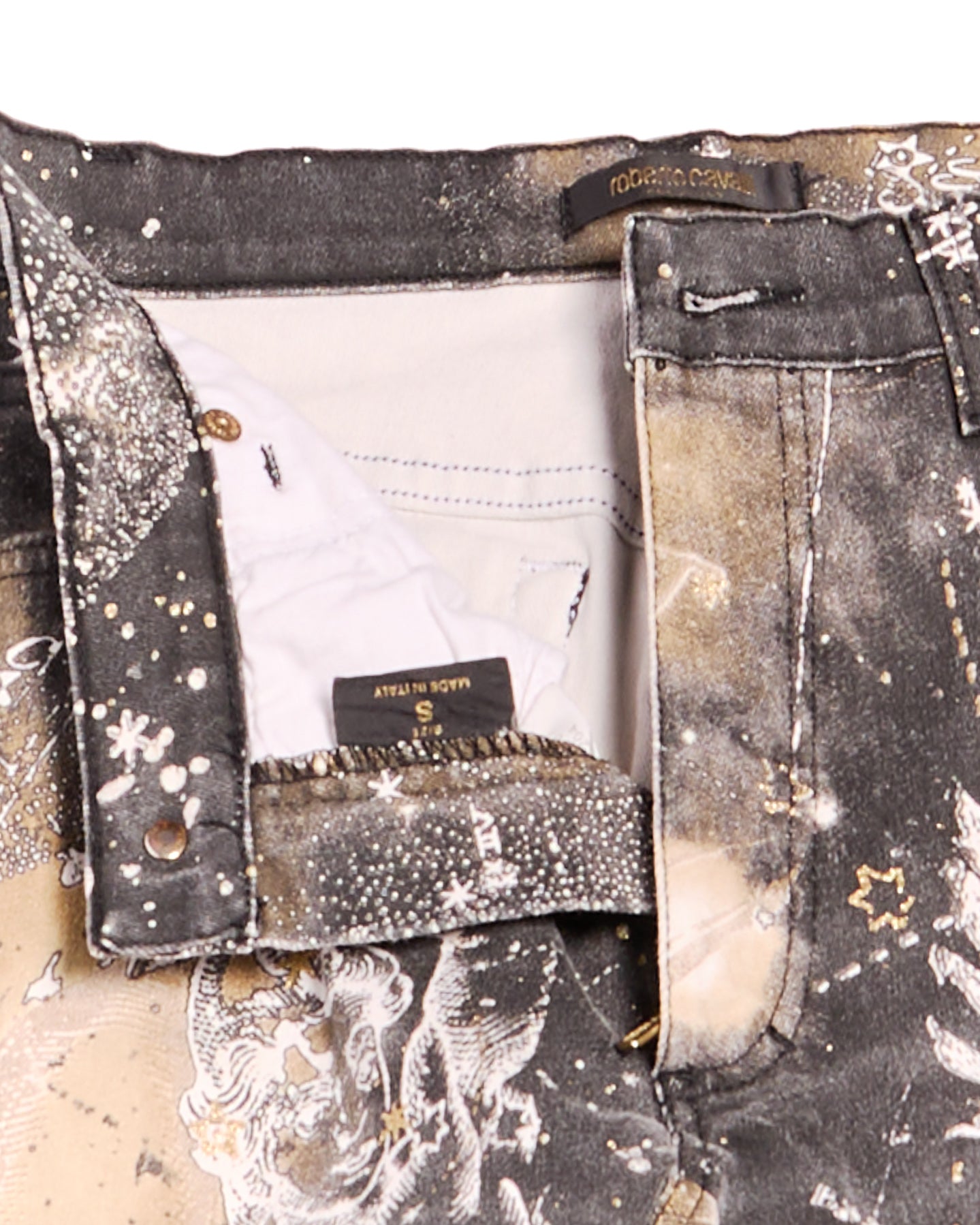 2000s Roberto Cavalli Black and Gold Celestial Constellation Jeans Size S W26