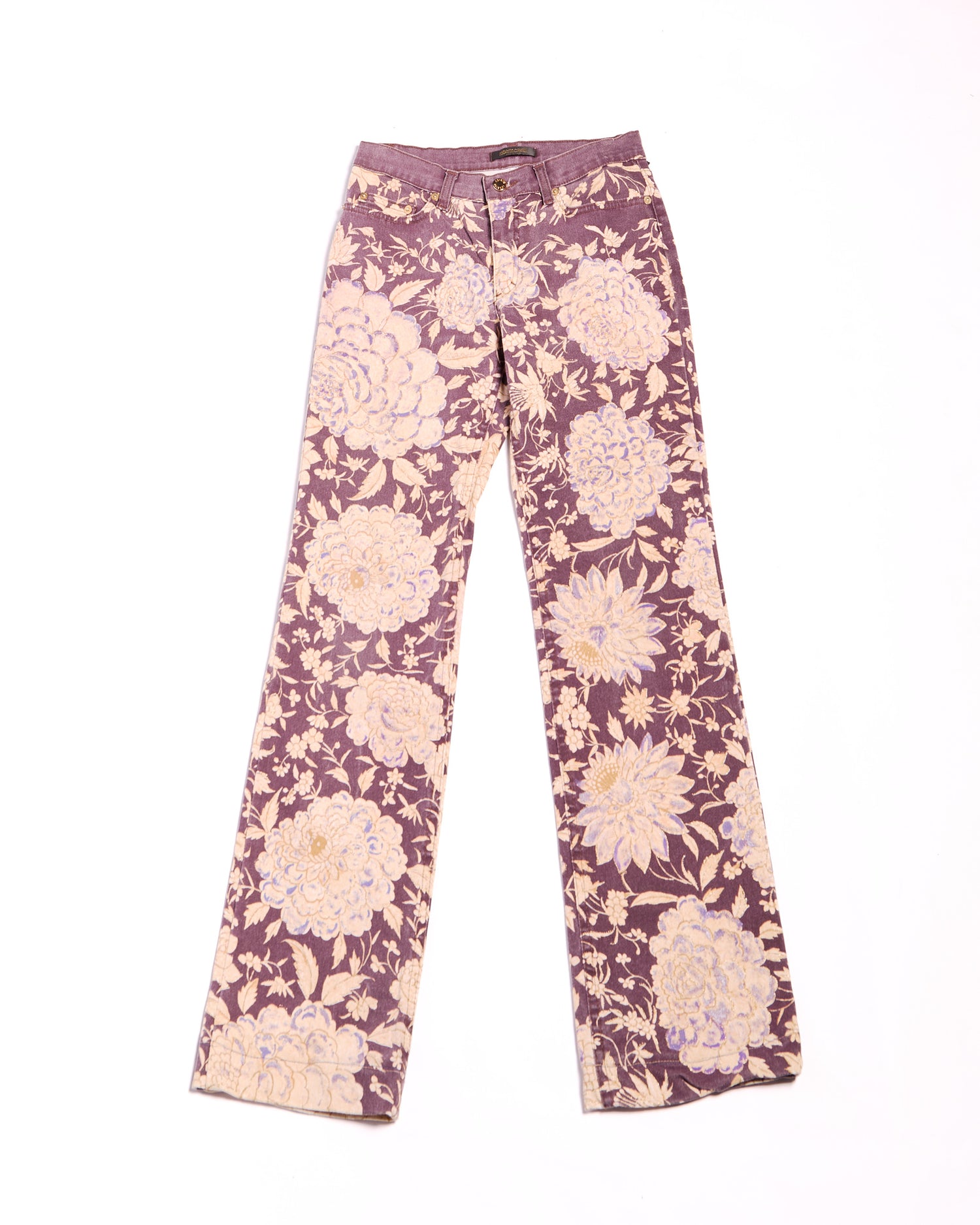 2000s Roberto Cavalli Purple Metallic Leaf Brocade Jeans S W27