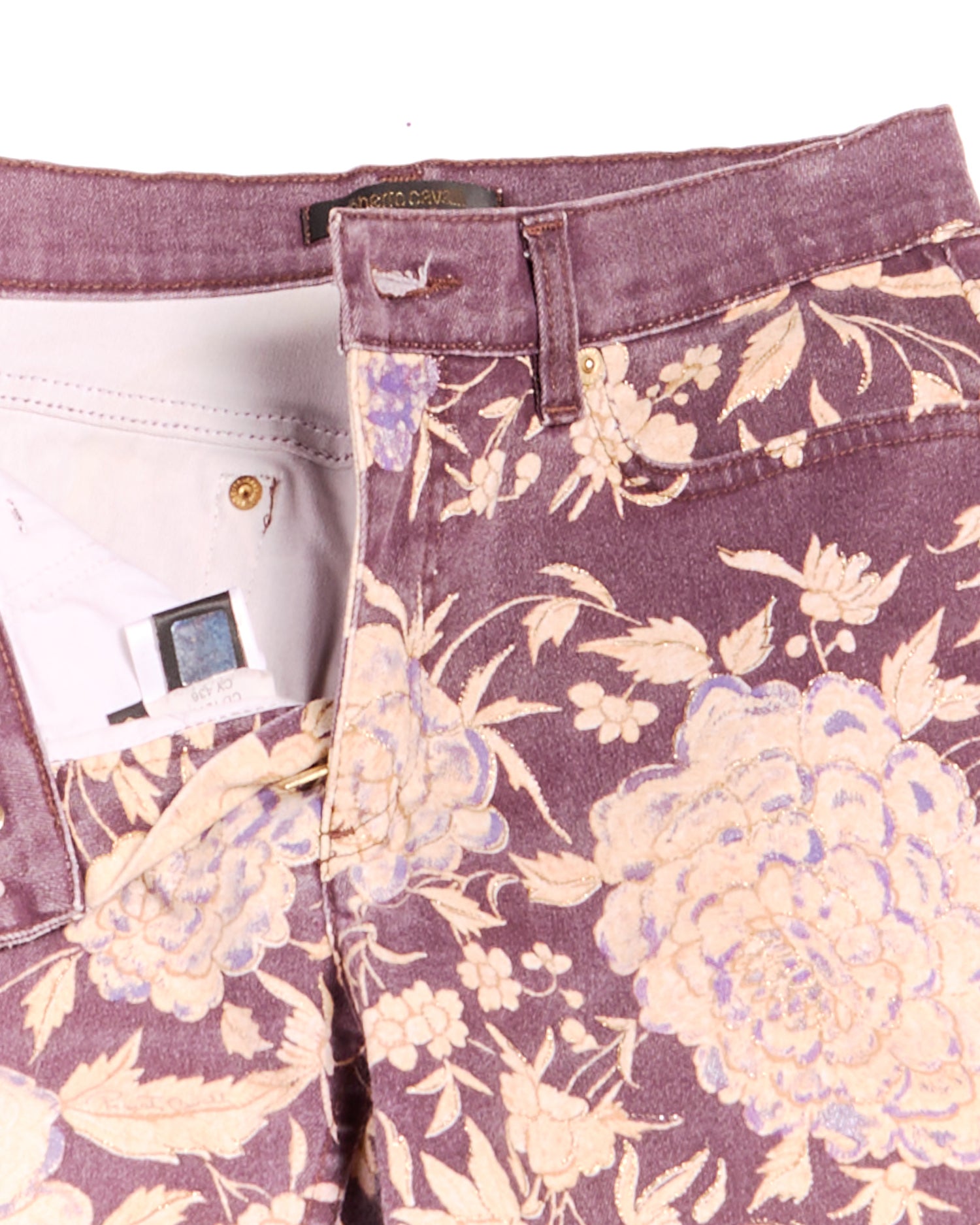 2000s Roberto Cavalli Purple Metallic Leaf Brocade Jeans S W27
