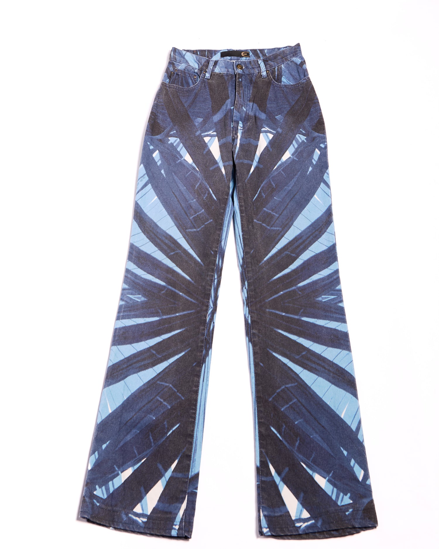 2000s Roberto Cavalli Dark Indigo with Blue Palm Frond Oversized Graphic Flare Jeans Size S W27