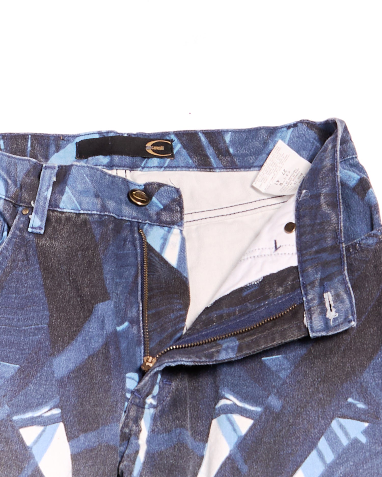 2000s Roberto Cavalli Dark Indigo with Blue Palm Frond Oversized Graphic Flare Jeans Size S W27