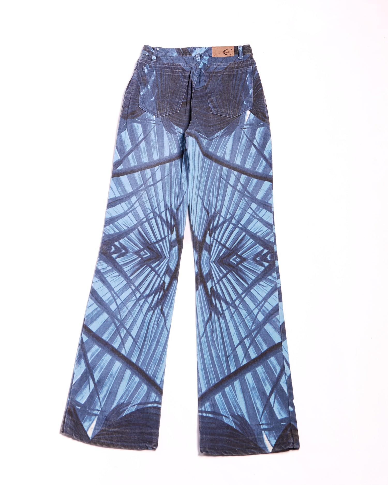 2000s Roberto Cavalli Dark Indigo with Blue Palm Frond Oversized Graphic Flare Jeans Size S W27