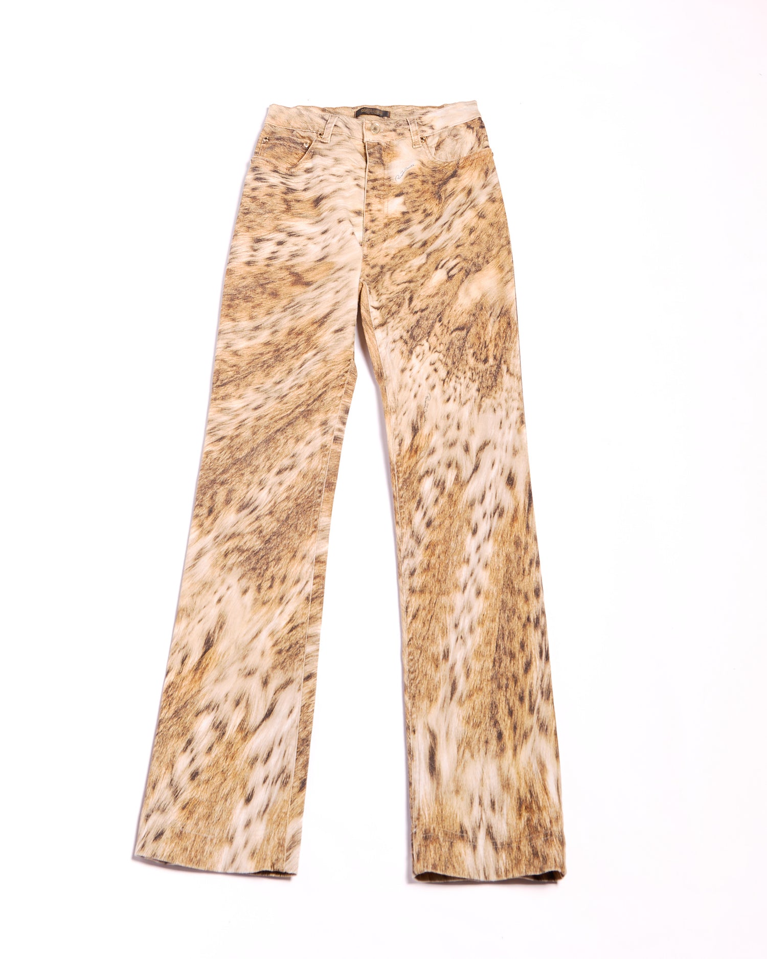 2000s Roberto Cavalli Brown Leopard Fur Photorealistic Print Jeans S W26