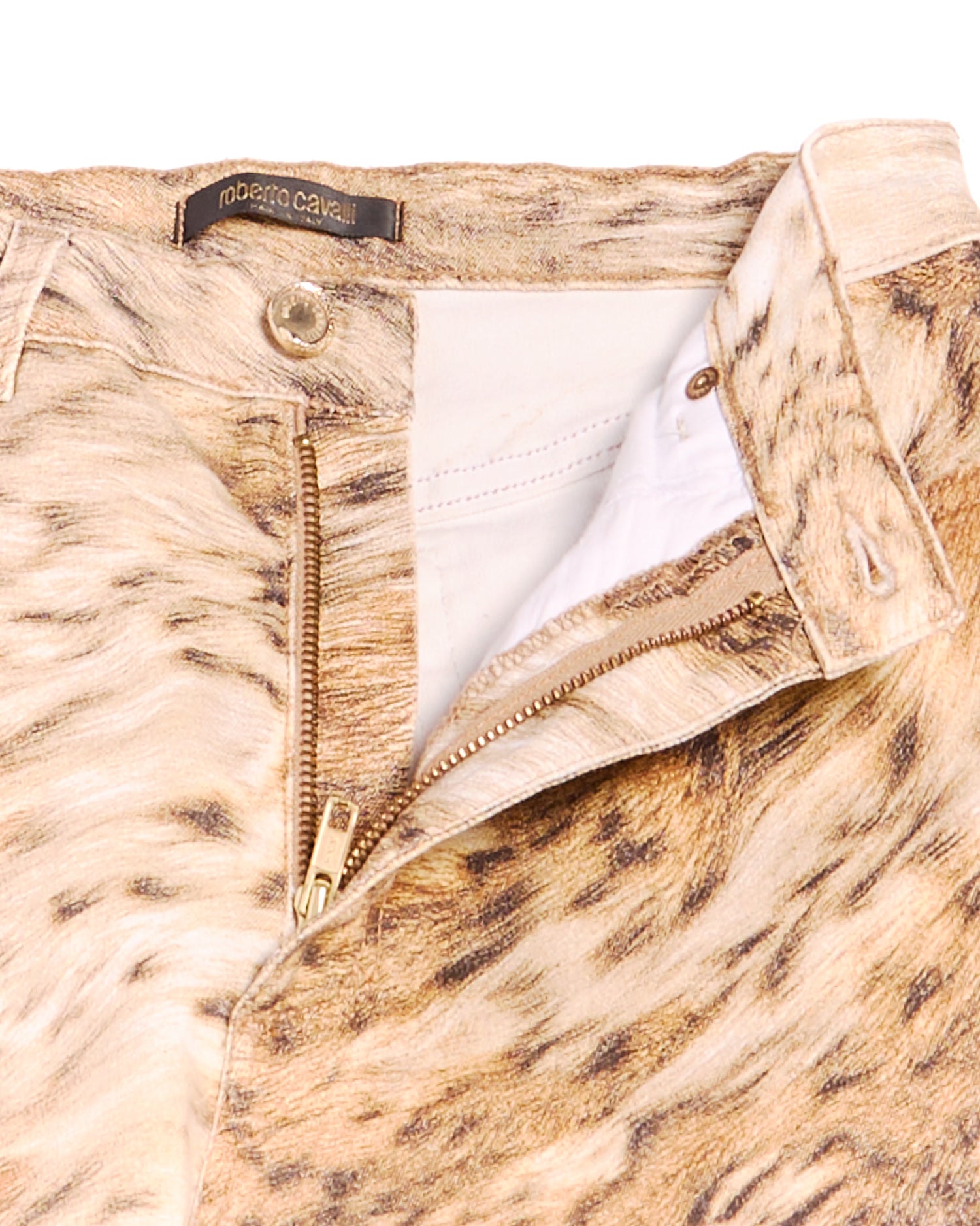 2000s Roberto Cavalli Brown Leopard Fur Photorealistic Print Jeans S W26