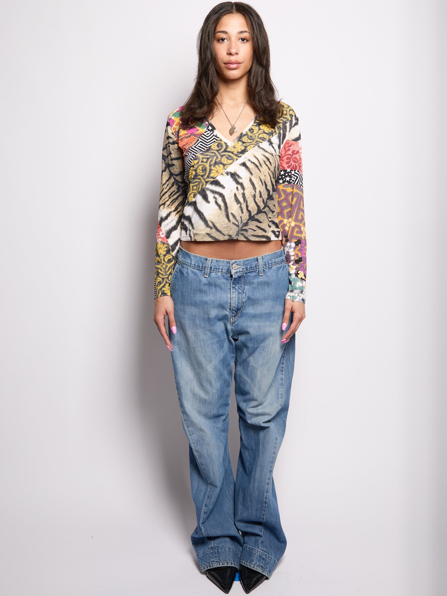 Just Cavalli Mixed Geometric Print V-Neck Top