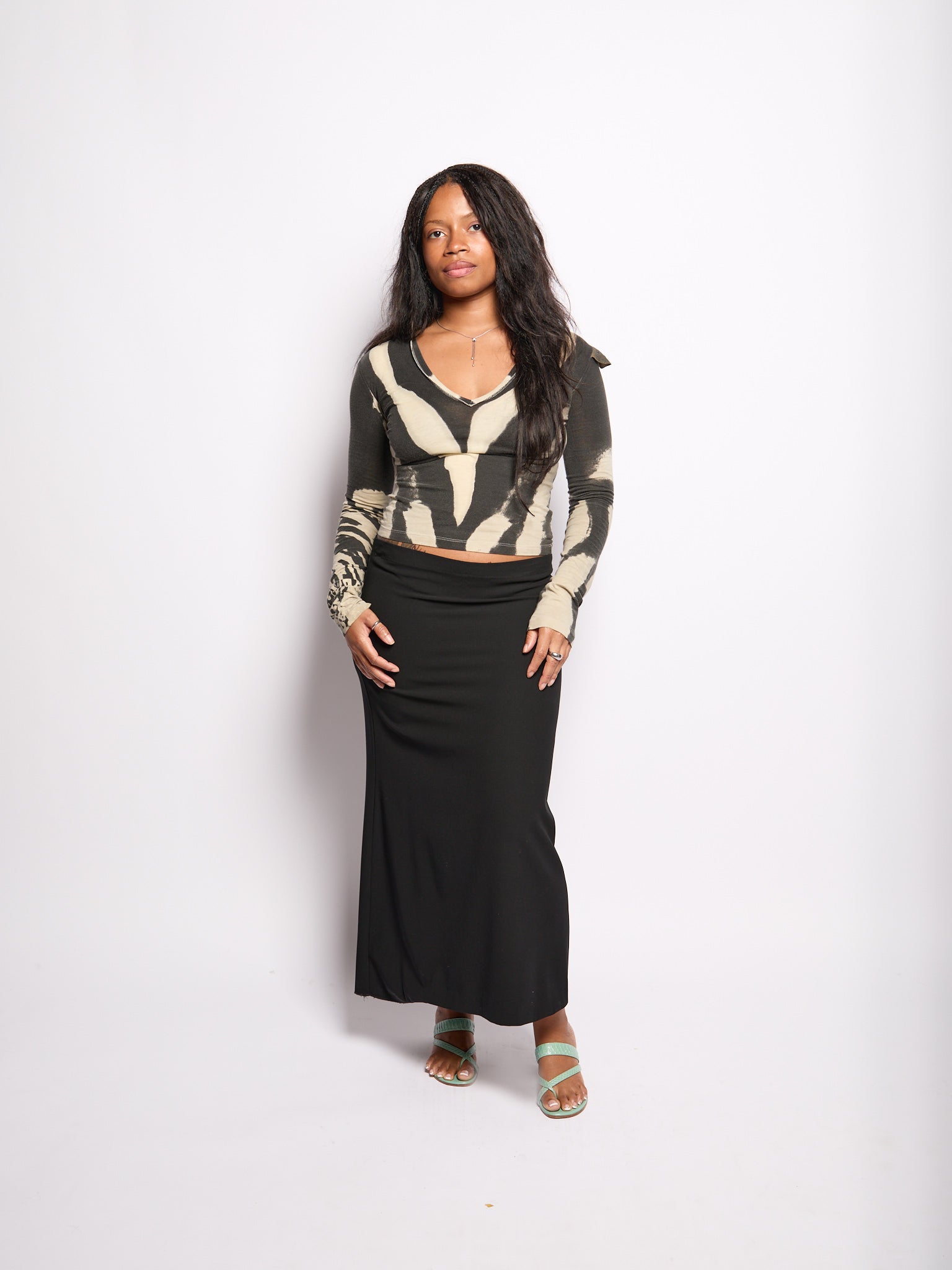 Just Cavalli Black Tan V-Neck Striped Long Sleeve Top