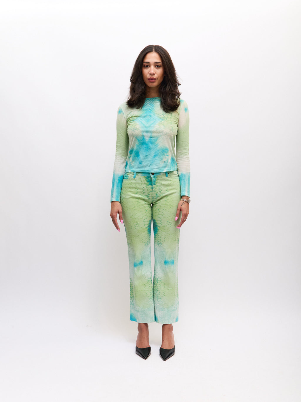 Just Cavalli Blue Green Scale Print Pants Set
