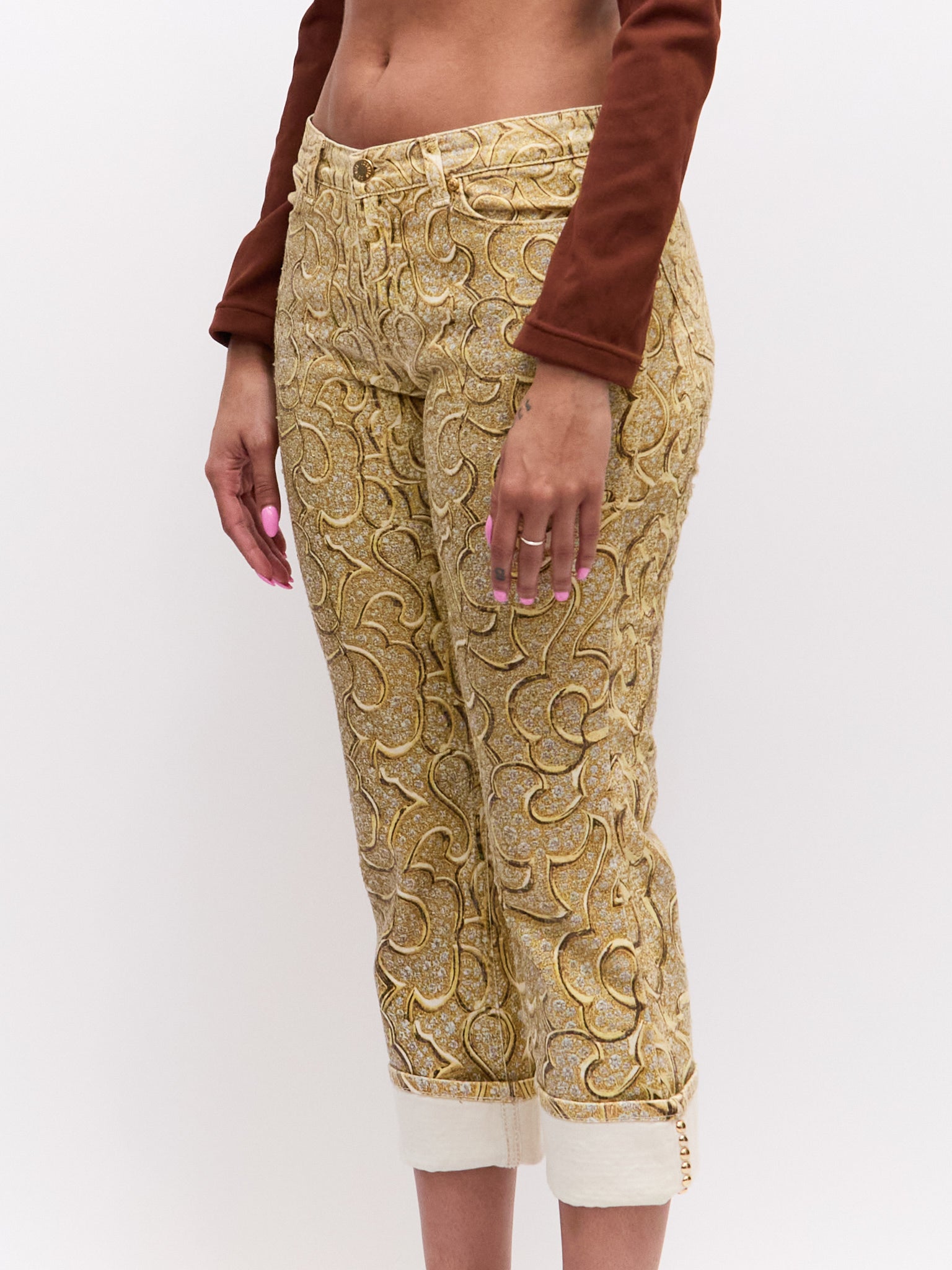 Roberto Cavalli Gold Silver Stud Cuffed Pants Size S W29