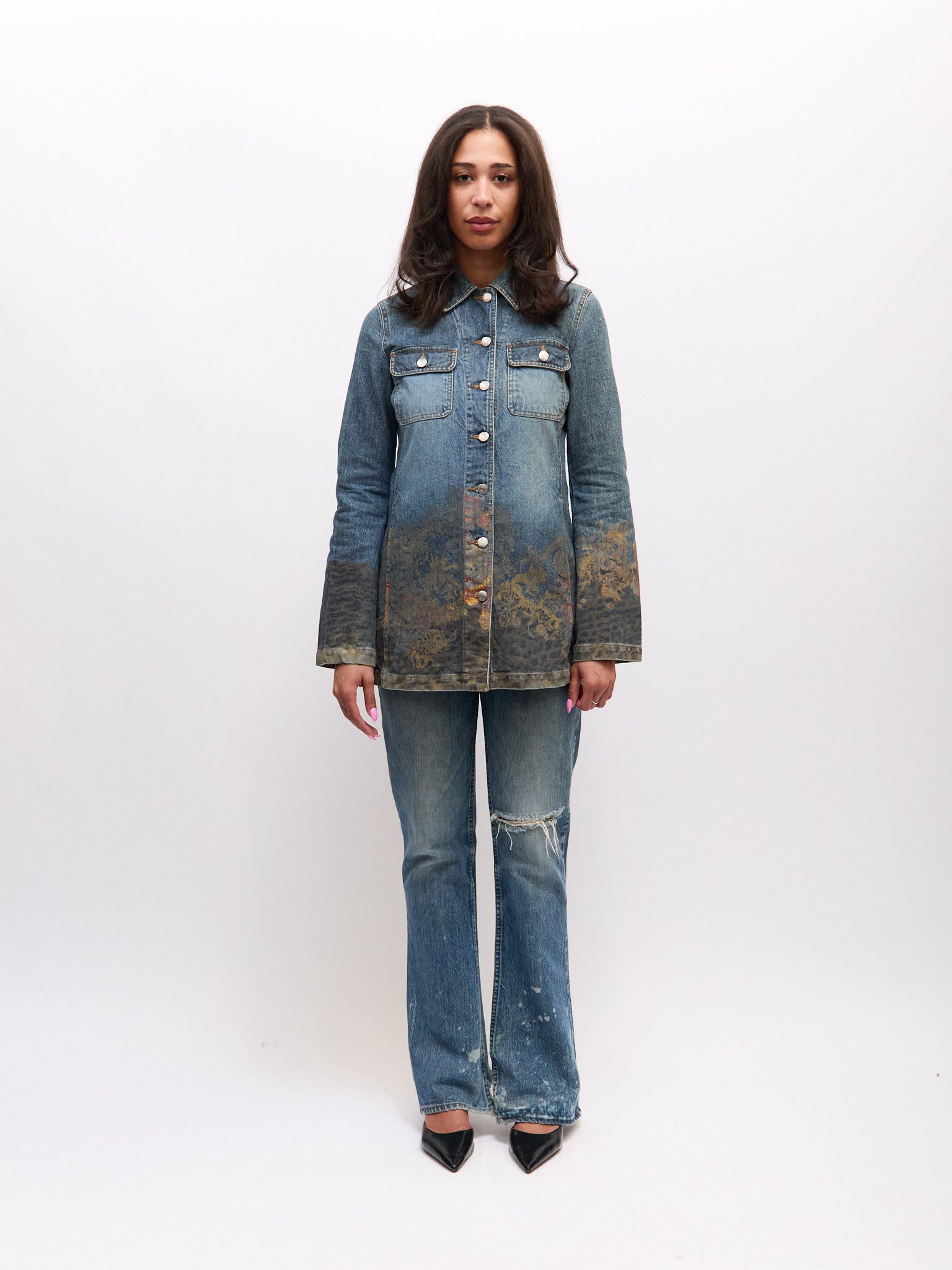 Cavalli Jeans Denim Painted Long Jacket