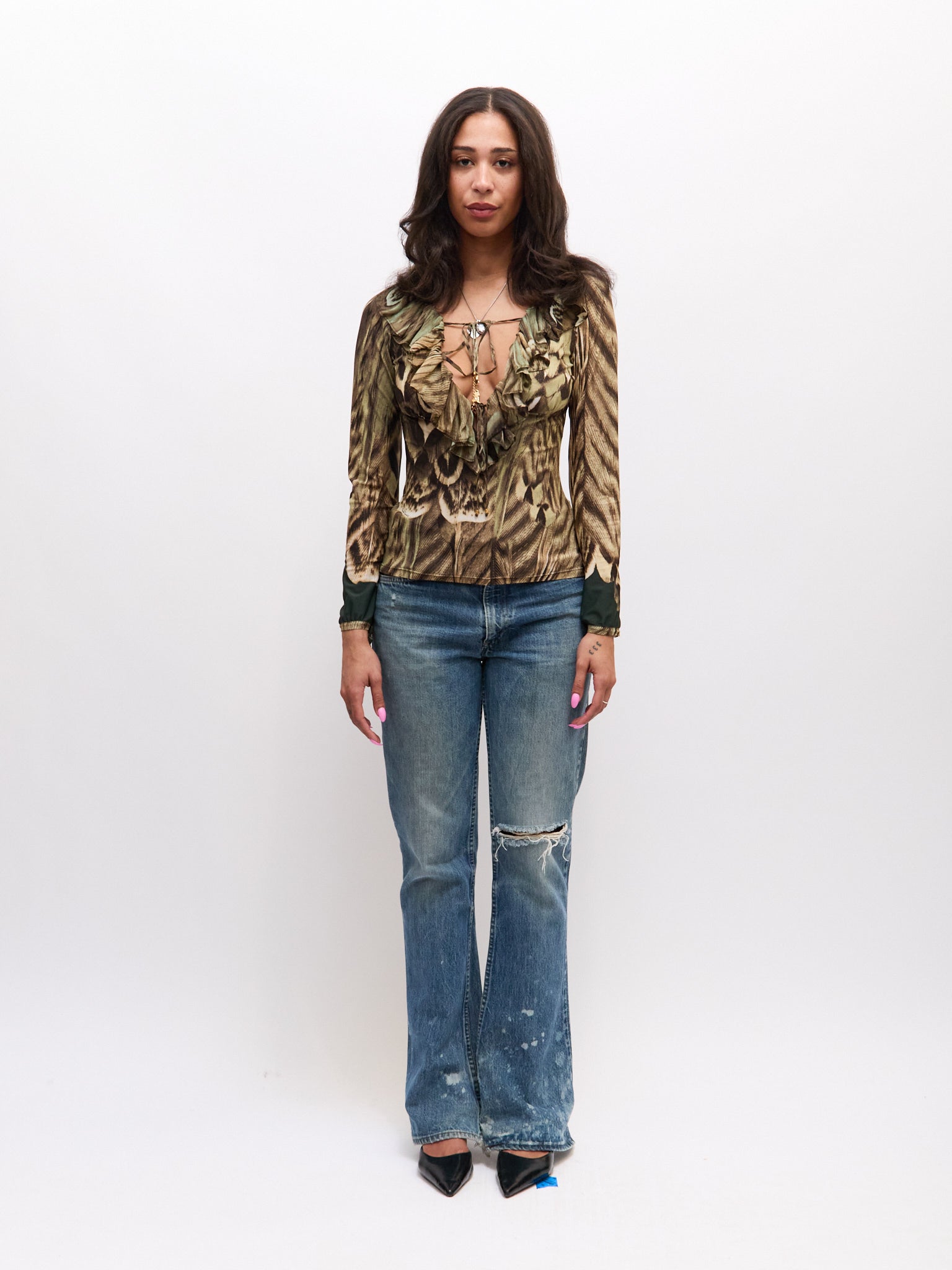 Roberto Cavalli Runway Green Feather Print Ruffle Blouse