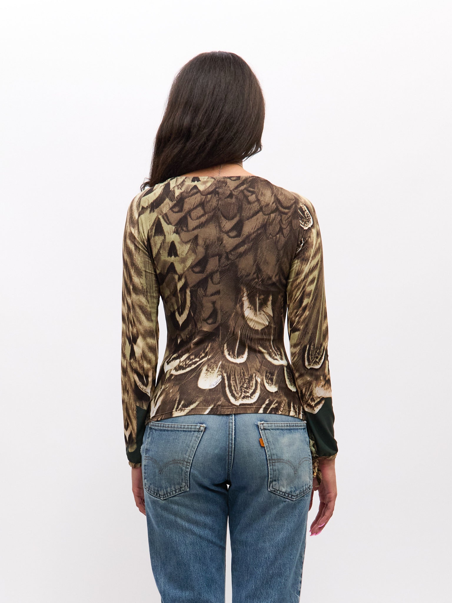 Roberto Cavalli Runway Green Feather Print Ruffle Blouse