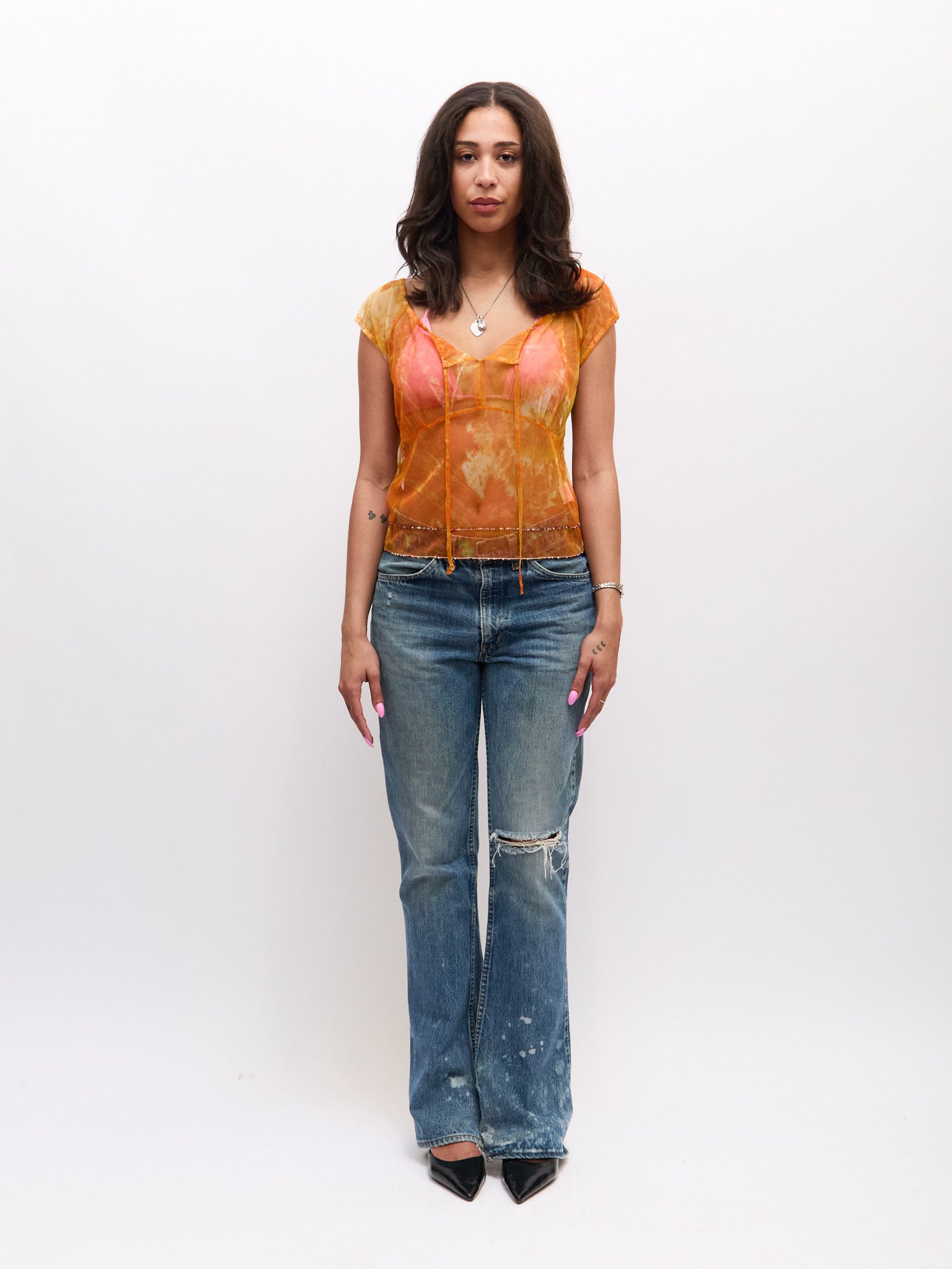 Cavalli Jeans Orange Mesh Beaded Top