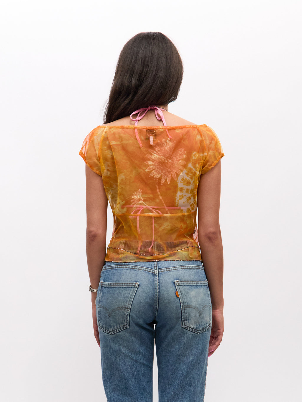 Cavalli Jeans Orange Mesh Beaded Top