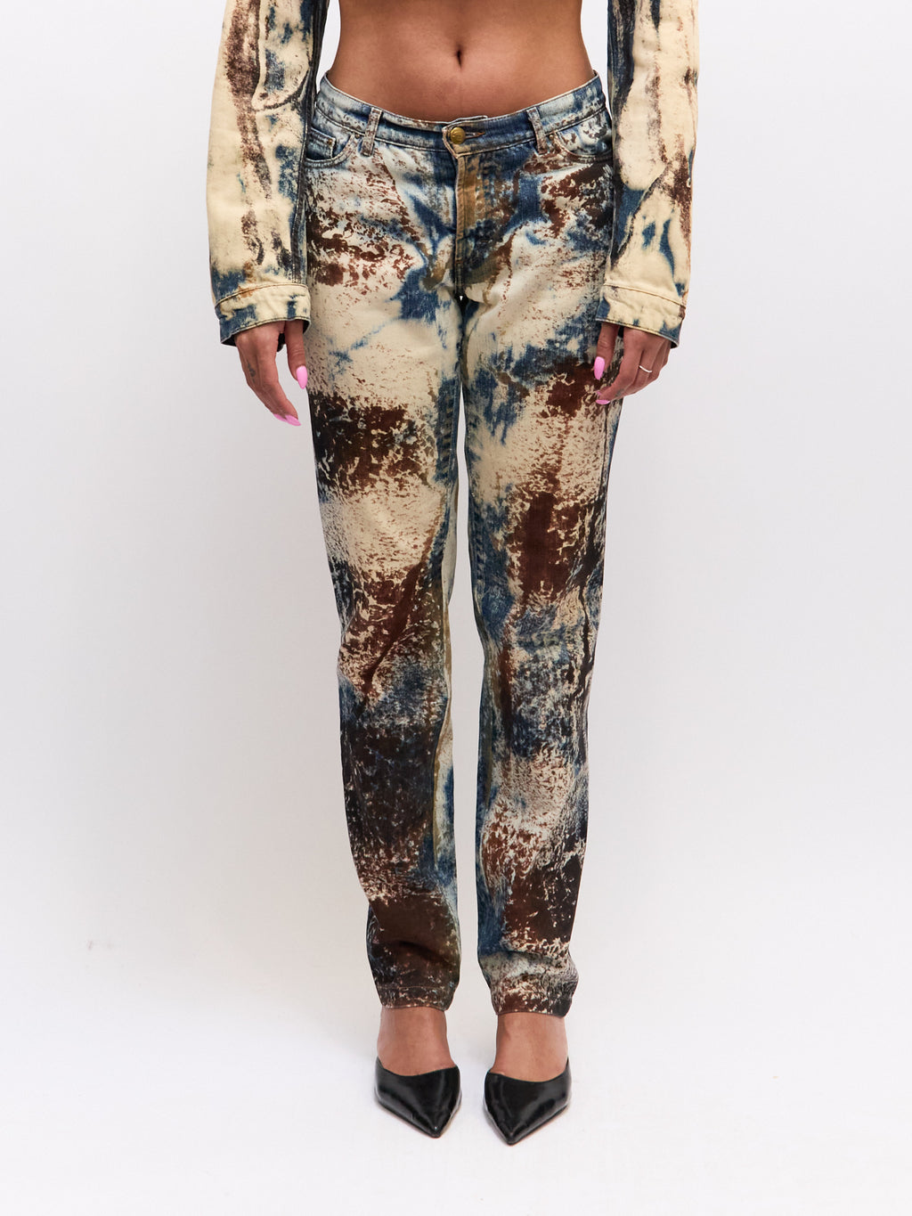Just Cavalli Blue Brown Print Denim Pants