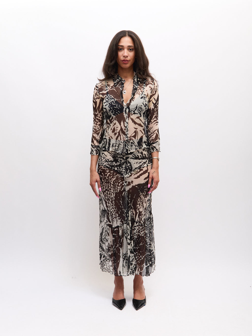Roberto Cavalli CLASS Black White Silk Skirt Set
