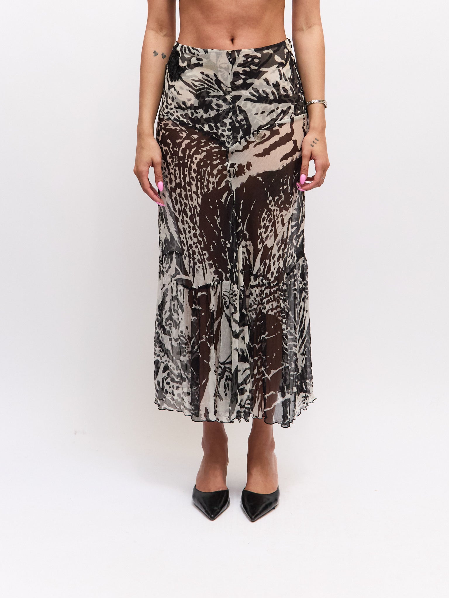 Roberto Cavalli CLASS Black White Silk Skirt Set
