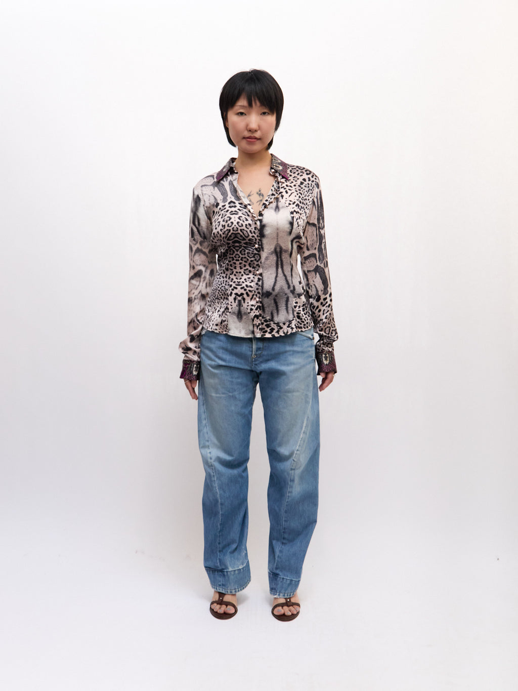 Roberto Cavalli CLASS Purple Leopard Print Silk Blouse