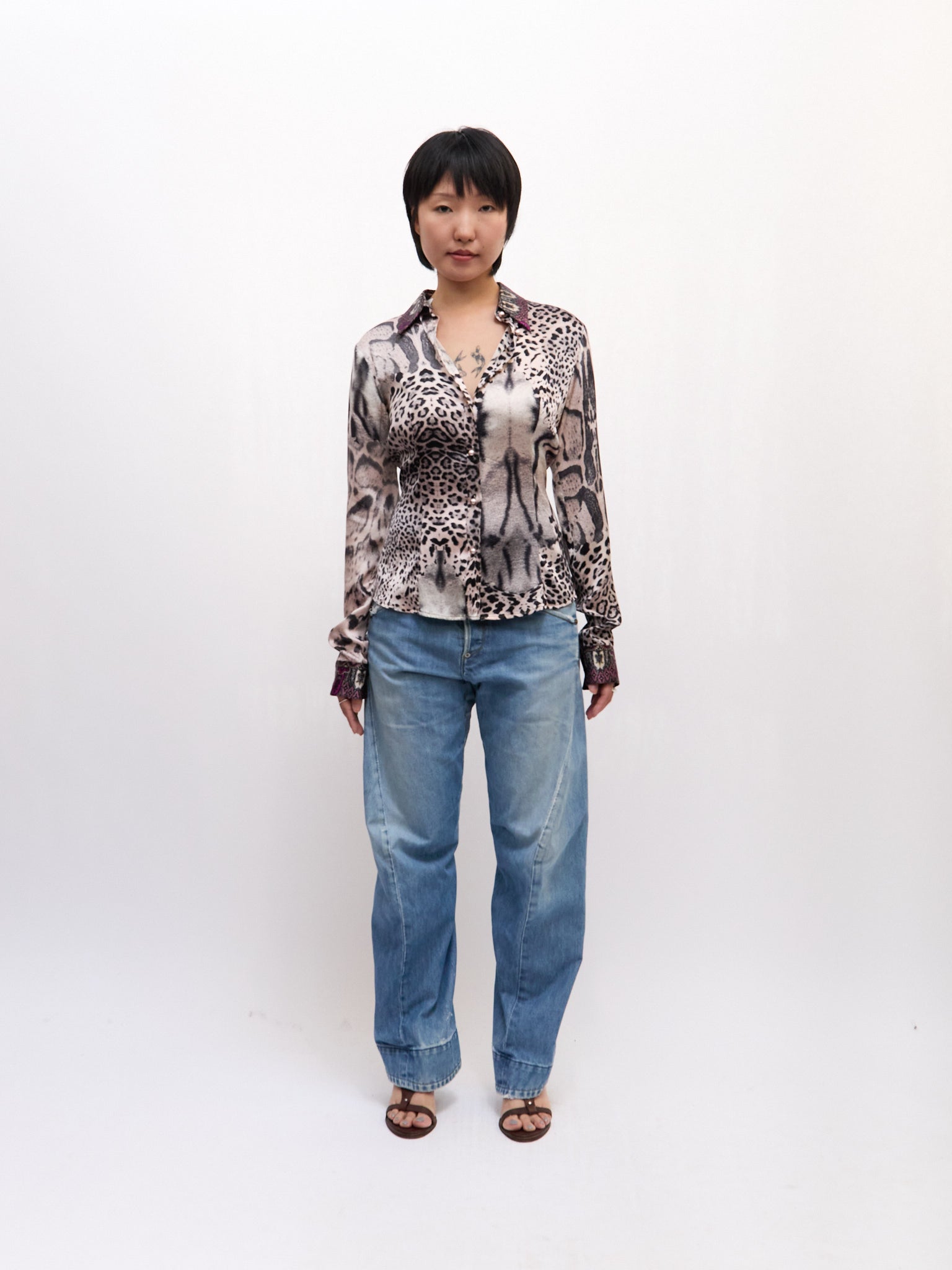 Roberto Cavalli CLASS Purple Leopard Print Silk Blouse