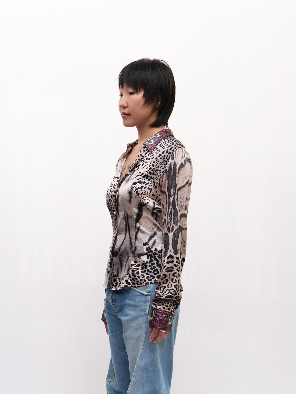 Roberto Cavalli CLASS Purple Leopard Print Silk Blouse