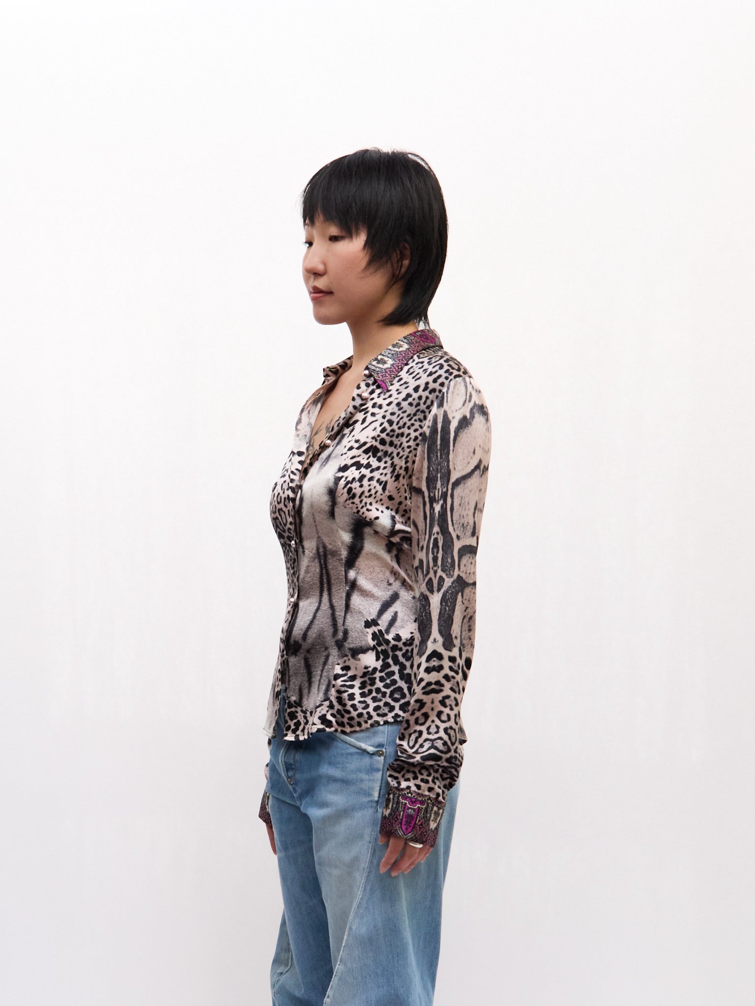 Roberto Cavalli CLASS Purple Leopard Print Silk Blouse