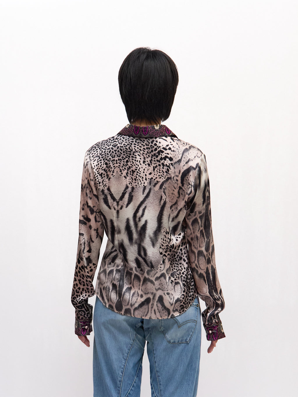 Roberto Cavalli CLASS Purple Leopard Print Silk Blouse