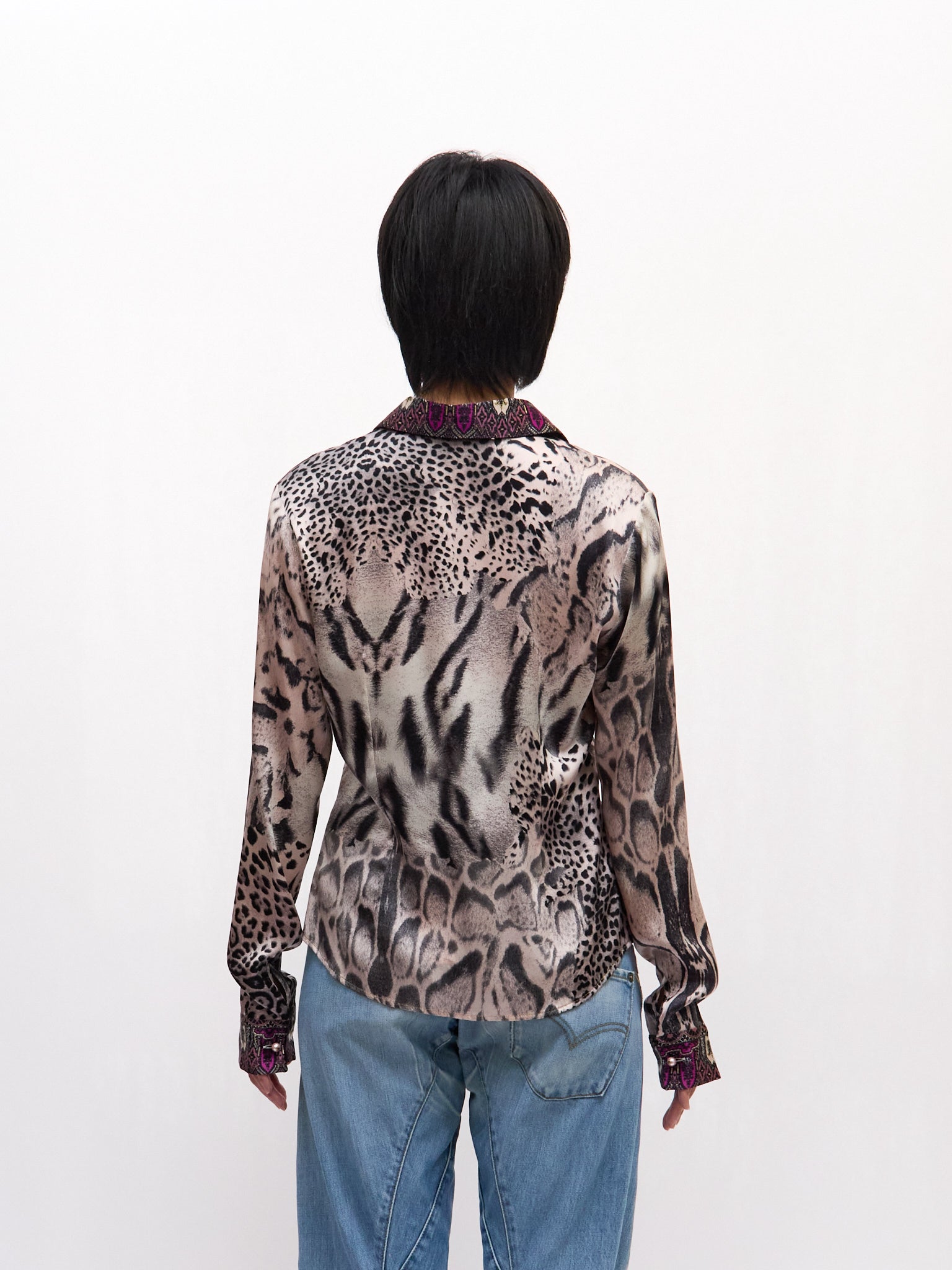 Roberto Cavalli CLASS Purple Leopard Print Silk Blouse
