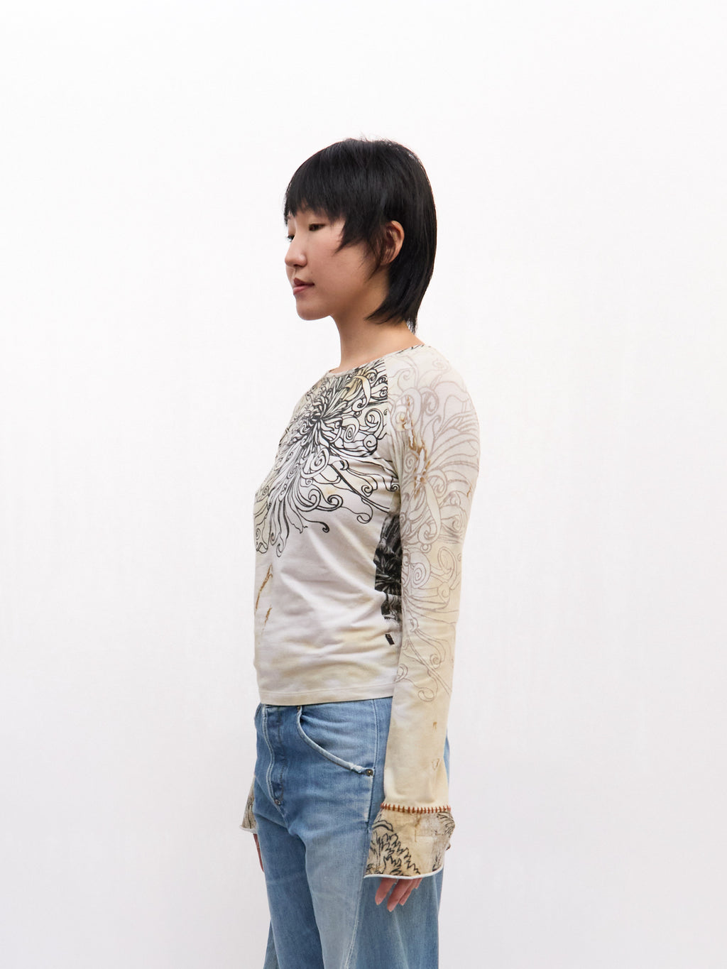 Just Cavalli Black Tan Tattoo Print Long Sleeve Top
