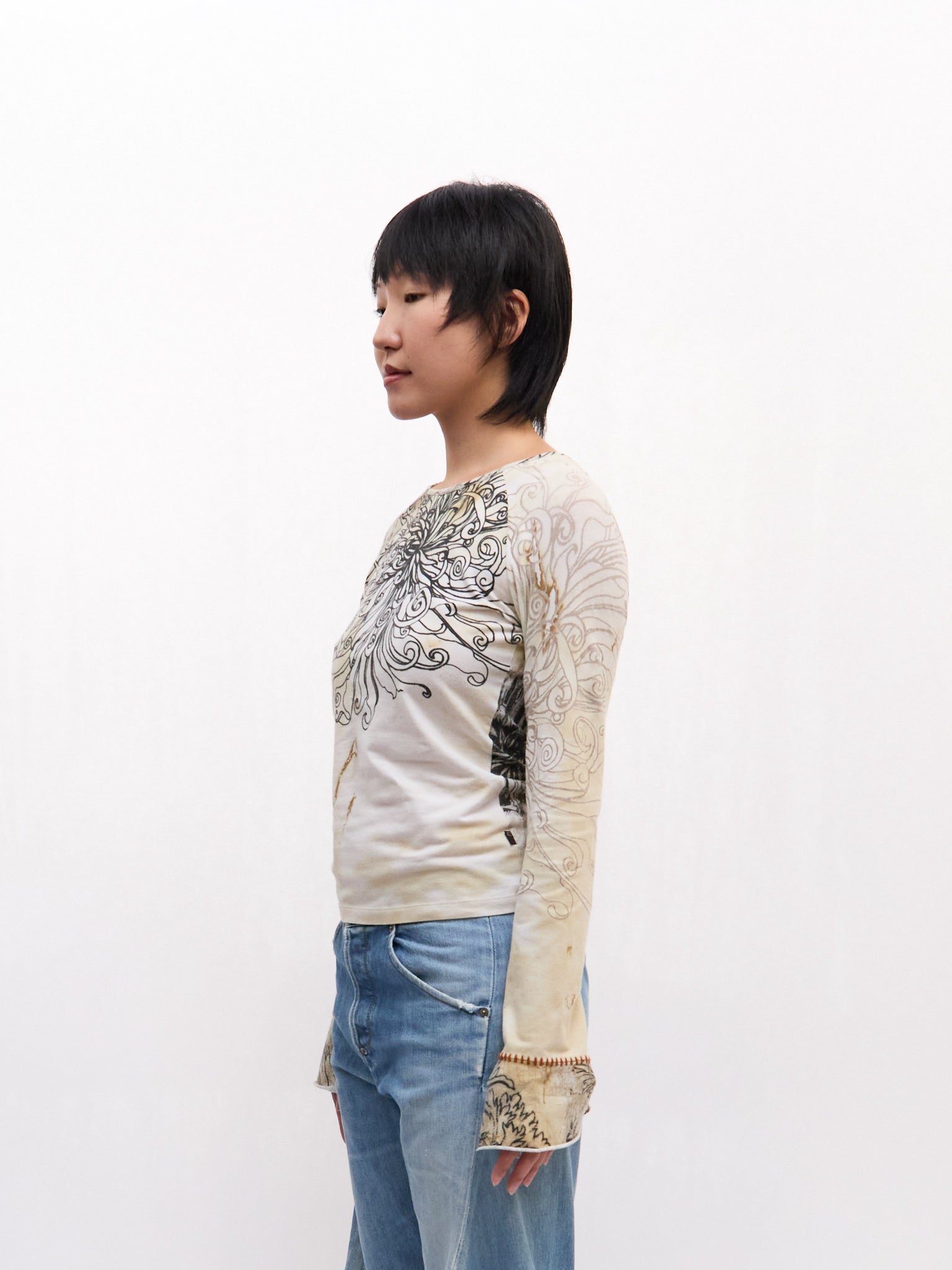 Just Cavalli Black Tan Tattoo Print Long Sleeve Top