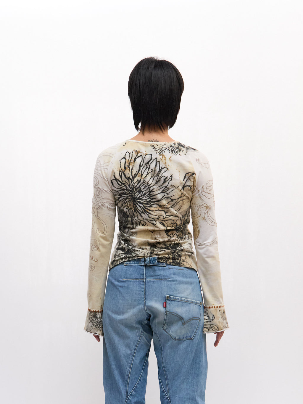 Just Cavalli Black Tan Tattoo Print Long Sleeve Top