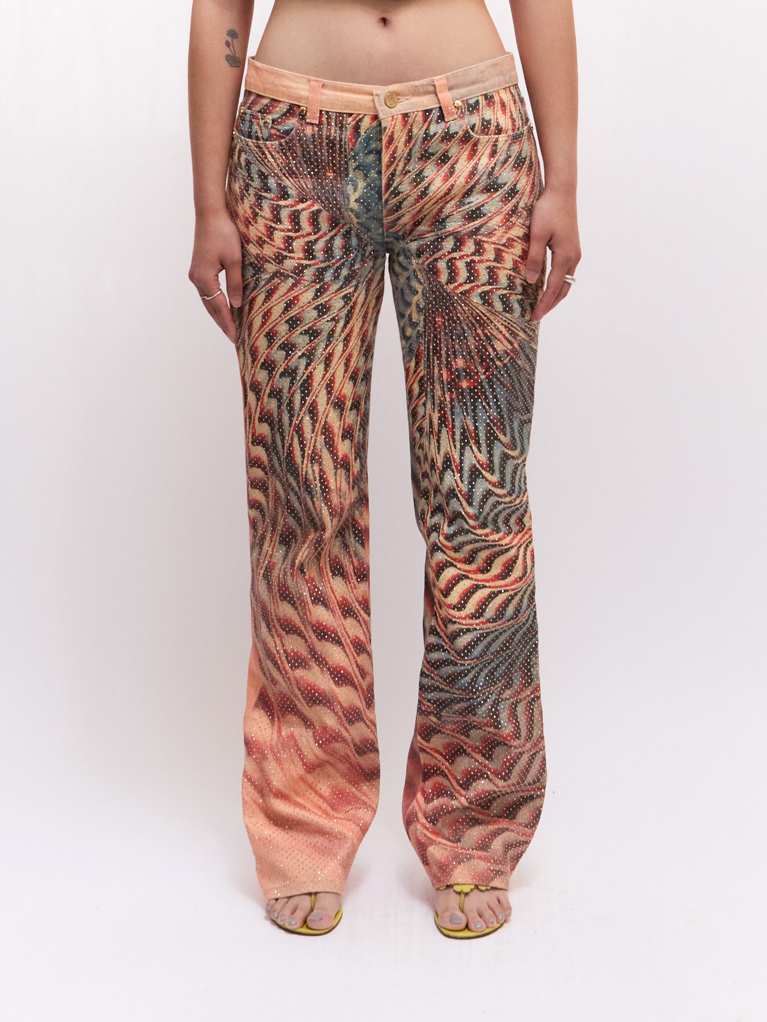 SS 2001 Roberto Cavalli Orange Psychedelic Print Rhinestone Pants