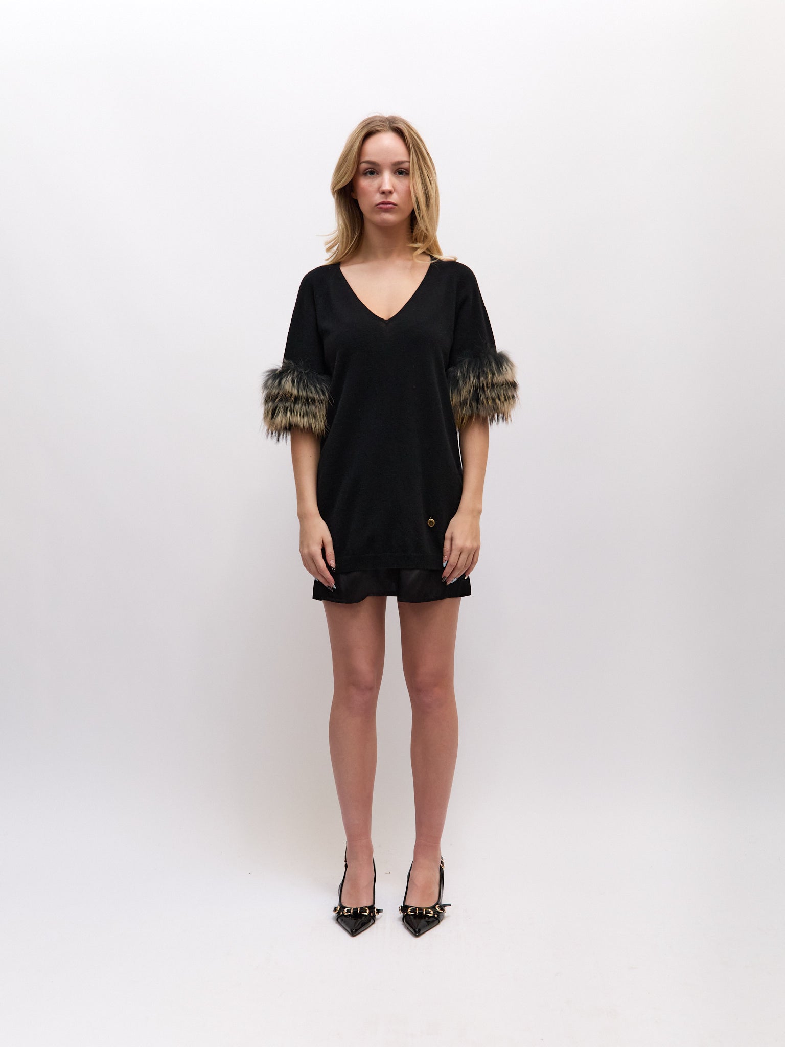 Roberto Cavalli CLASS Black Cashmere Fur Sleeve Tunic Top