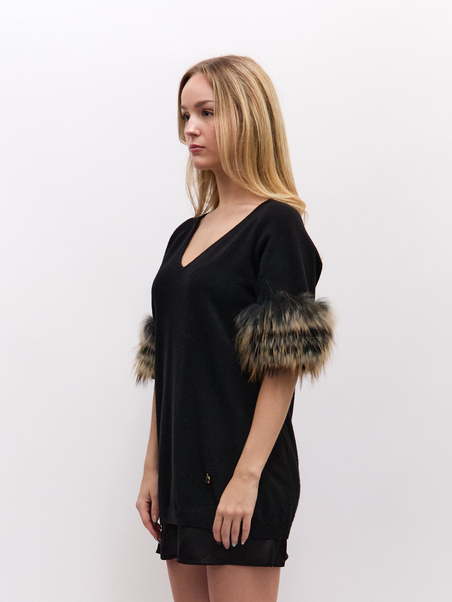 Roberto Cavalli CLASS Black Cashmere Fur Sleeve Tunic Top